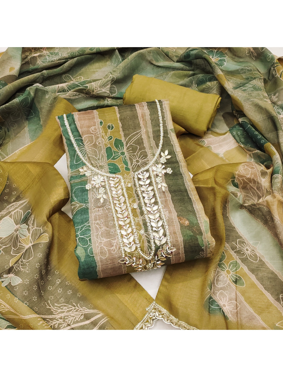 Peachmode Mustard Pure Cotton Lilian Dress Material with Embroidered Dupatta - Image 1
