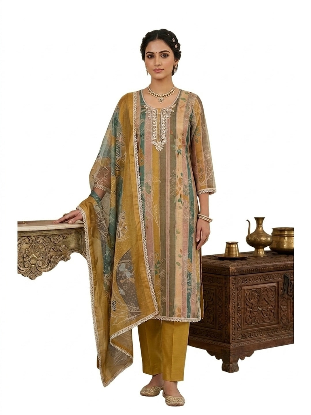 Peachmode Mustard Pure Cotton Lilian Dress Material with Embroidered Dupatta - Image 6