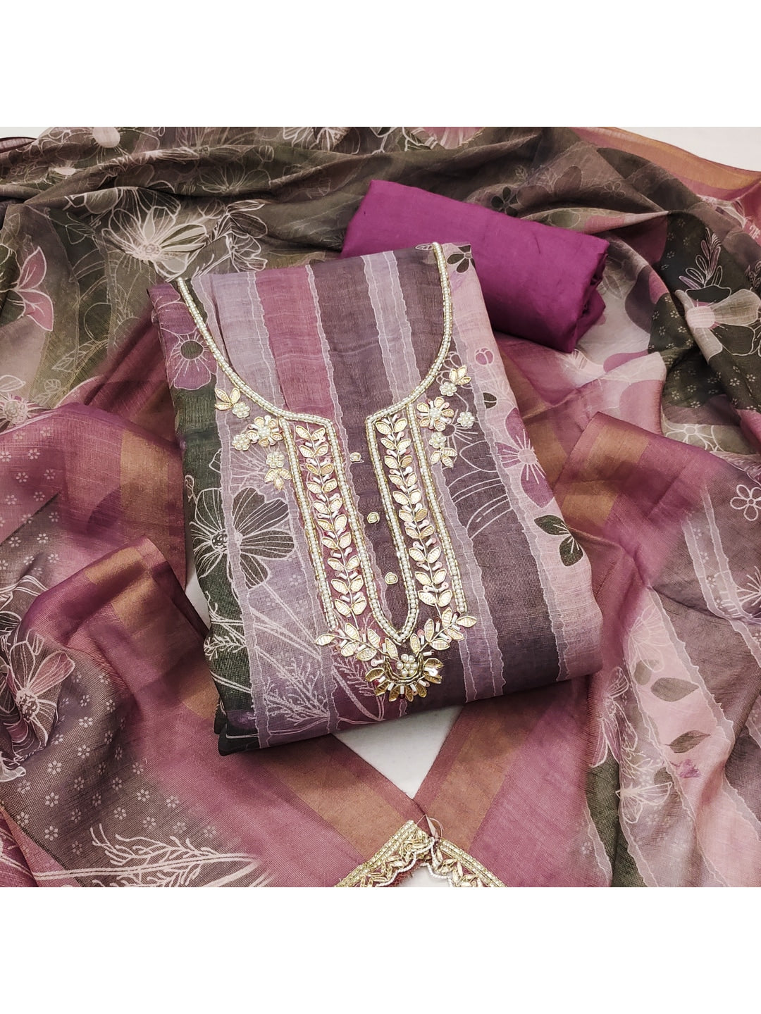 Peachmode Magenta Pure Cotton Lilian Dress Material with Embroidered Dupatta - Image 1