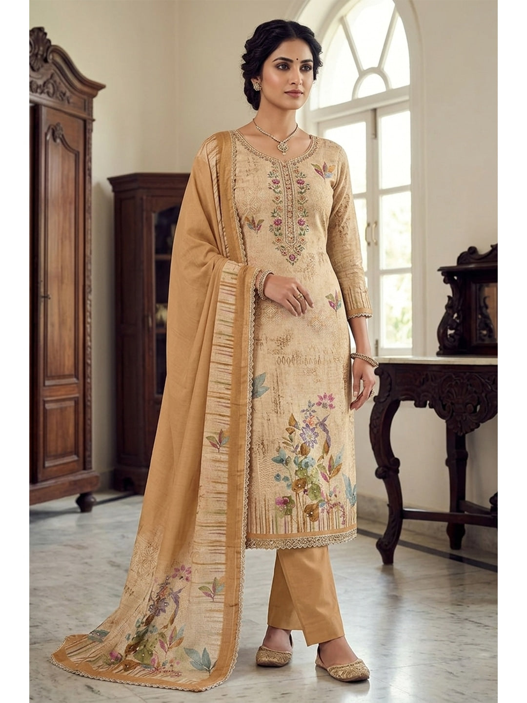 Peachmode Mustard Pure Cotton Lilian Dress Material with Embroidered Dupatta - Image 2