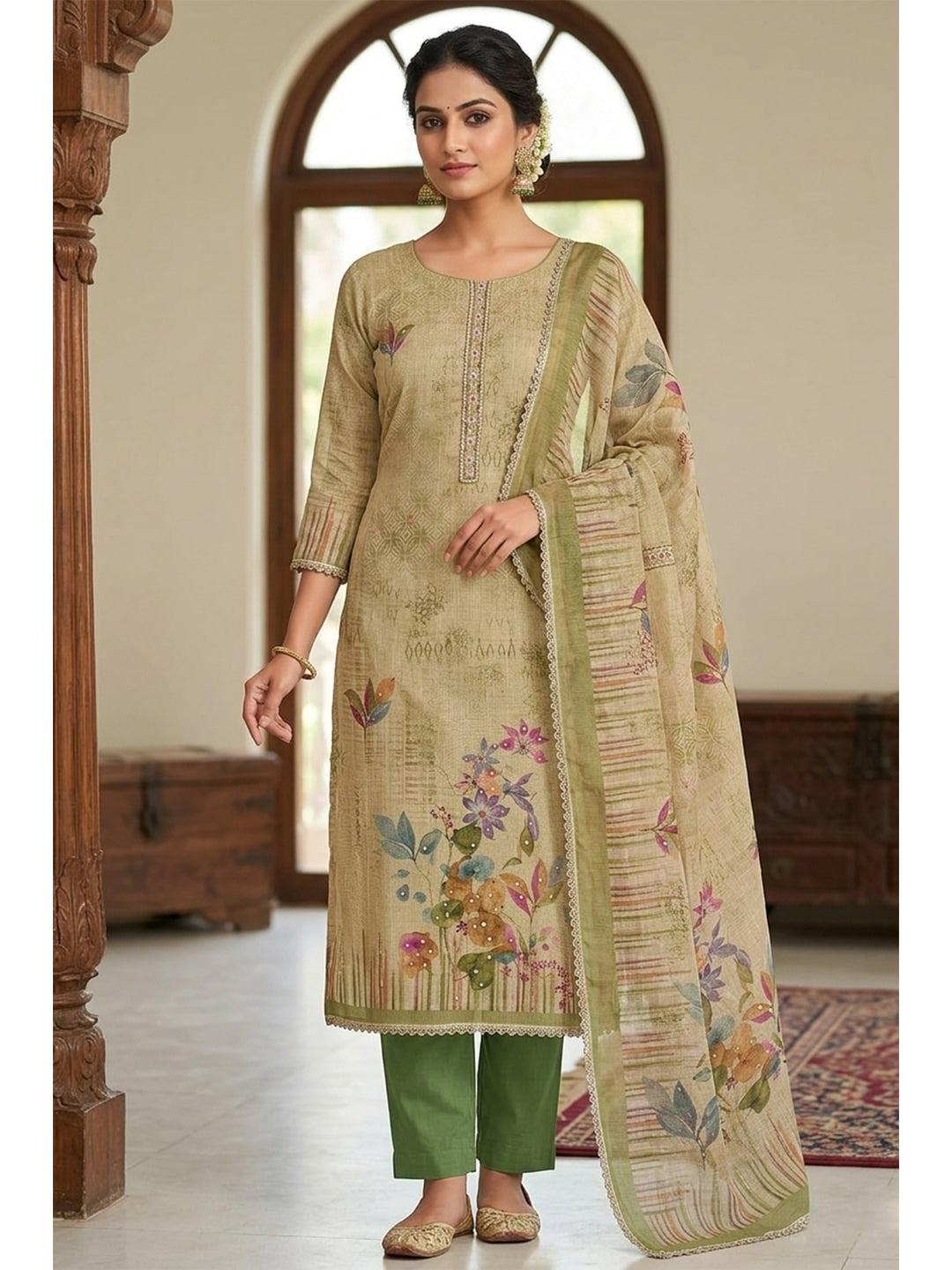 Peachmode Green Pure Cotton Lilian Dress Material with Embroidered Dupatta - Image 2