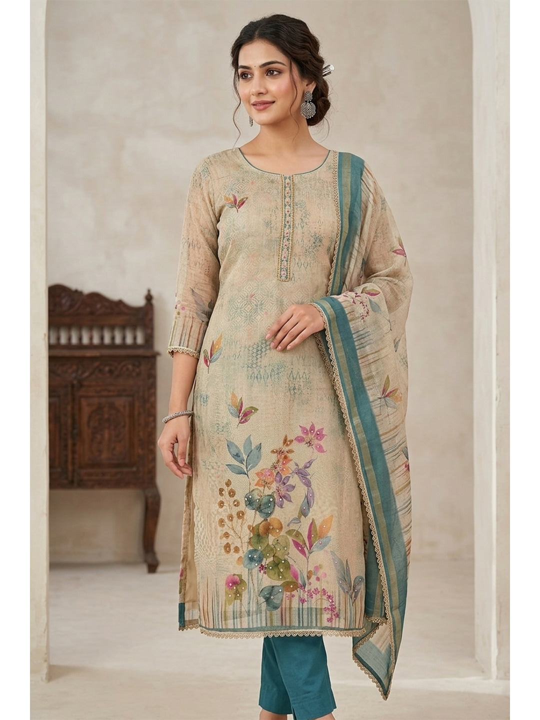 Peachmode Teal Pure Cotton Lilian Dress Material with Embroidered Dupatta - Image 1