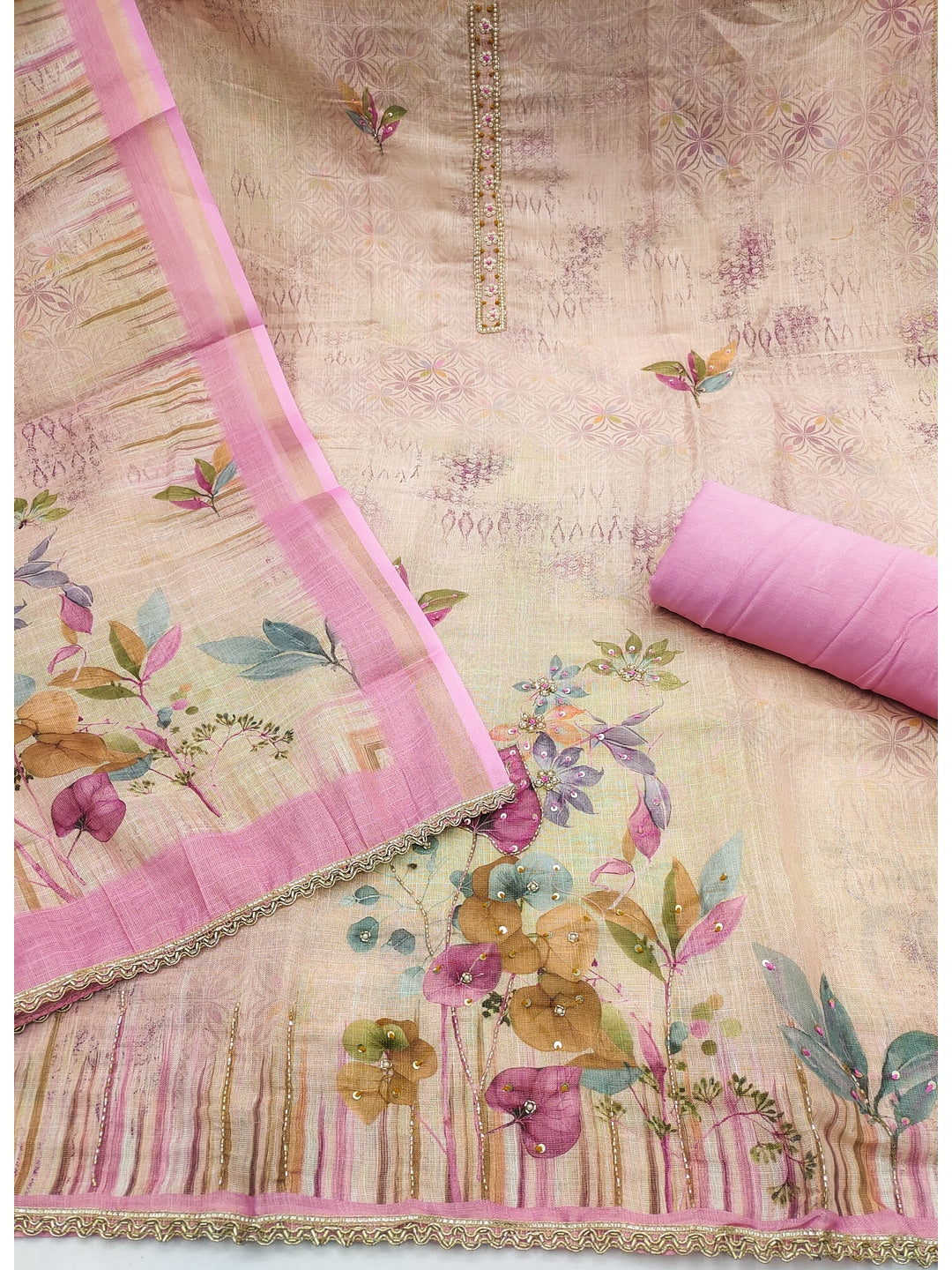Peachmode Pink Pure Cotton Lilian Dress Material with Embroidered Dupatta - Image 4