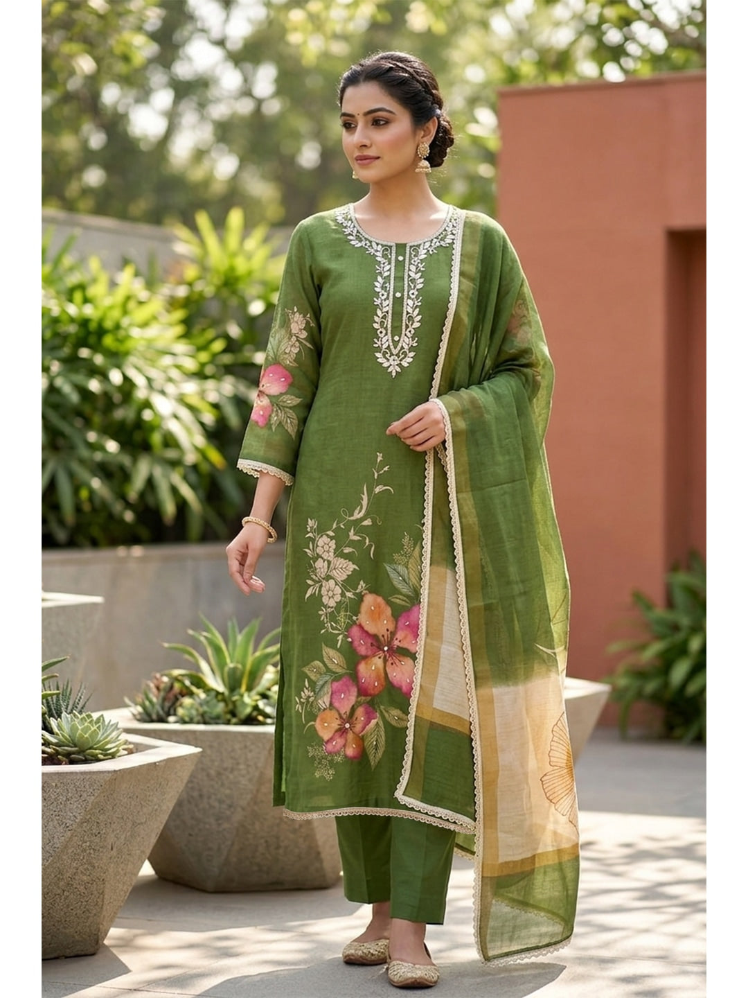 Peachmode Green Pure Cotton Lilian Dress Material with Embroidered Dupatta - Image 2