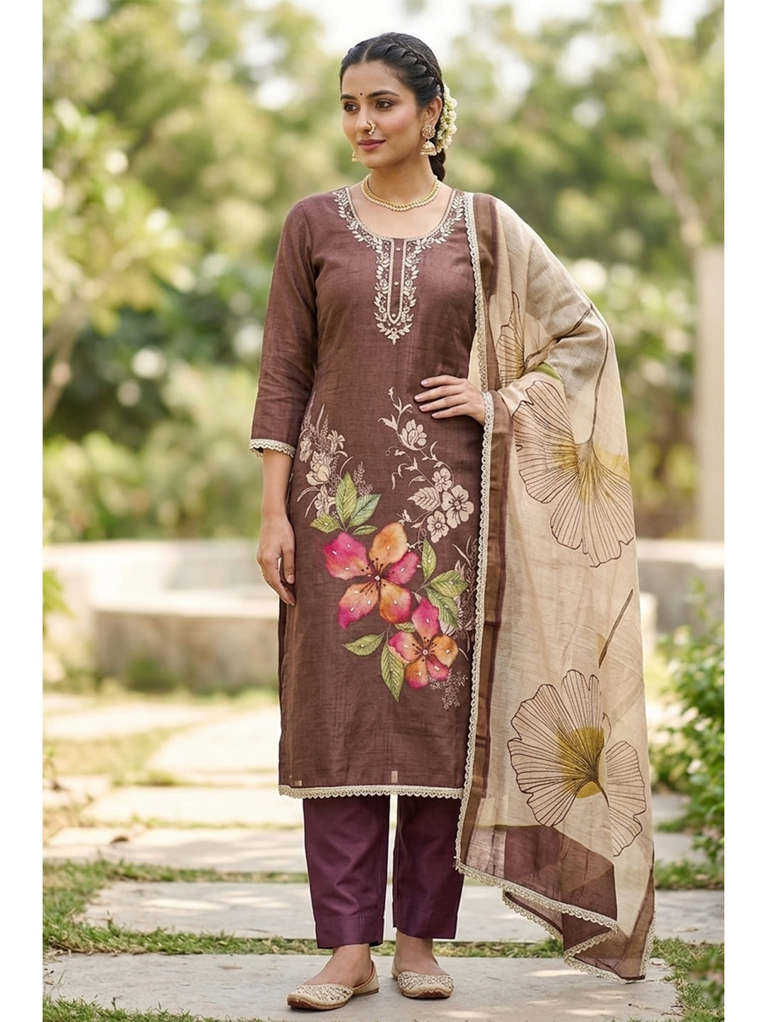 Peachmode Brown Pure Cotton Lilian Dress Material with Embroidered Dupatta - Image 2