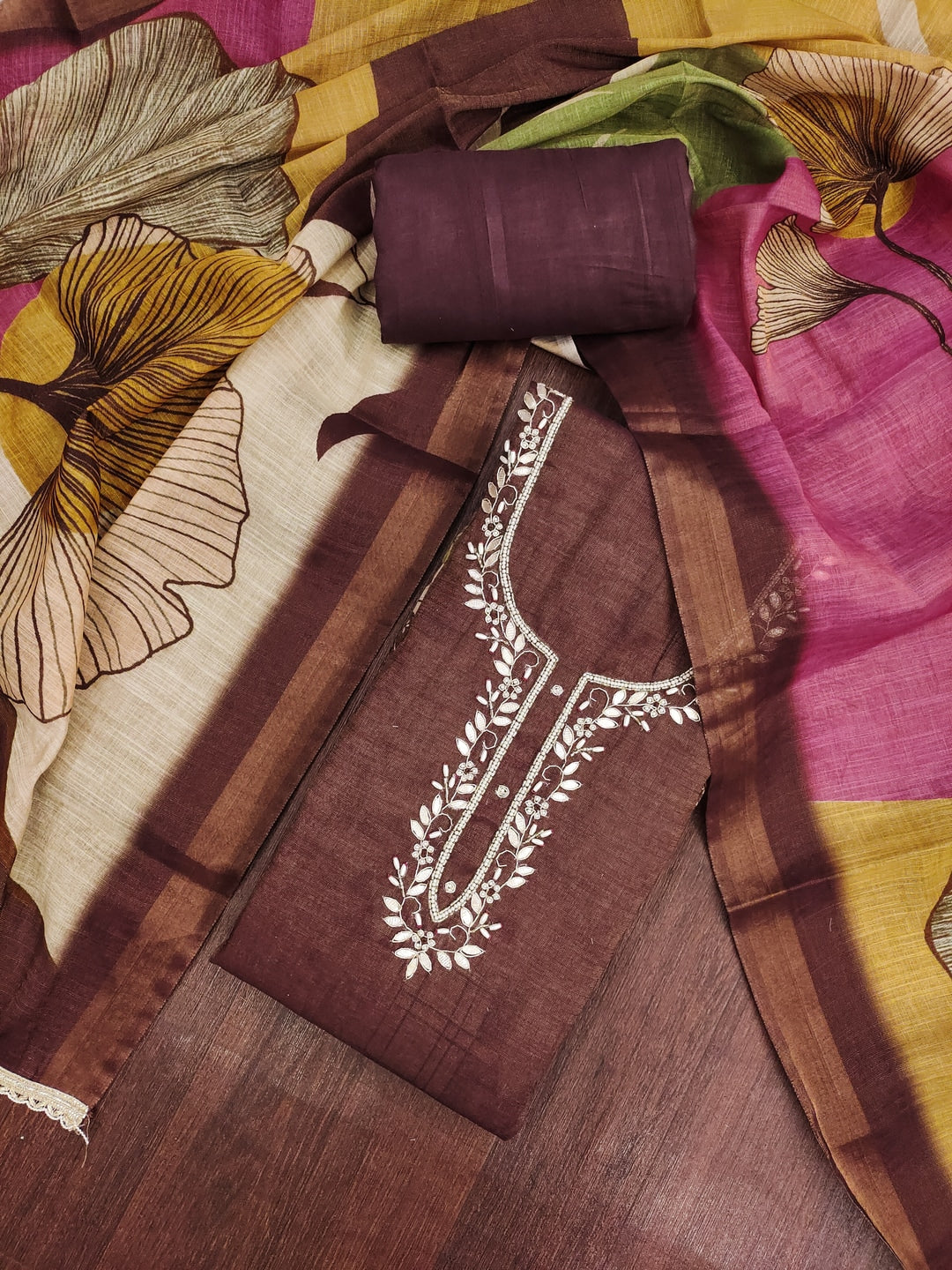 Peachmode Brown Pure Cotton Lilian Dress Material with Embroidered Dupatta - Image 4