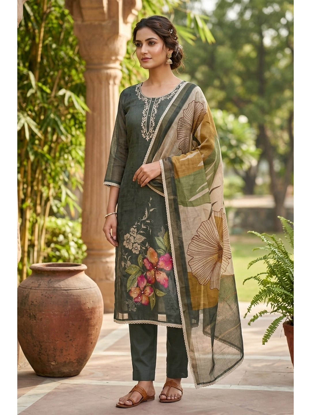 Peachmode Black Pure Cotton Lilian Dress Material with Embroidered Dupatta - Image 1