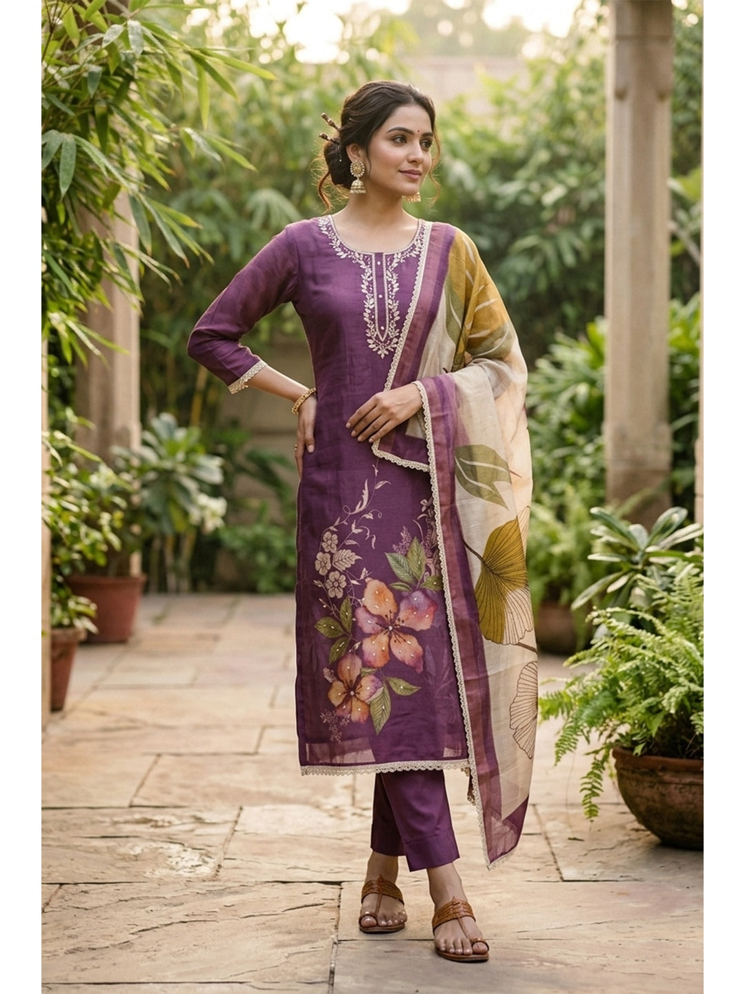 Peachmode Purple Pure Cotton Lilian Dress Material with Embroidered Dupatta - Image 2