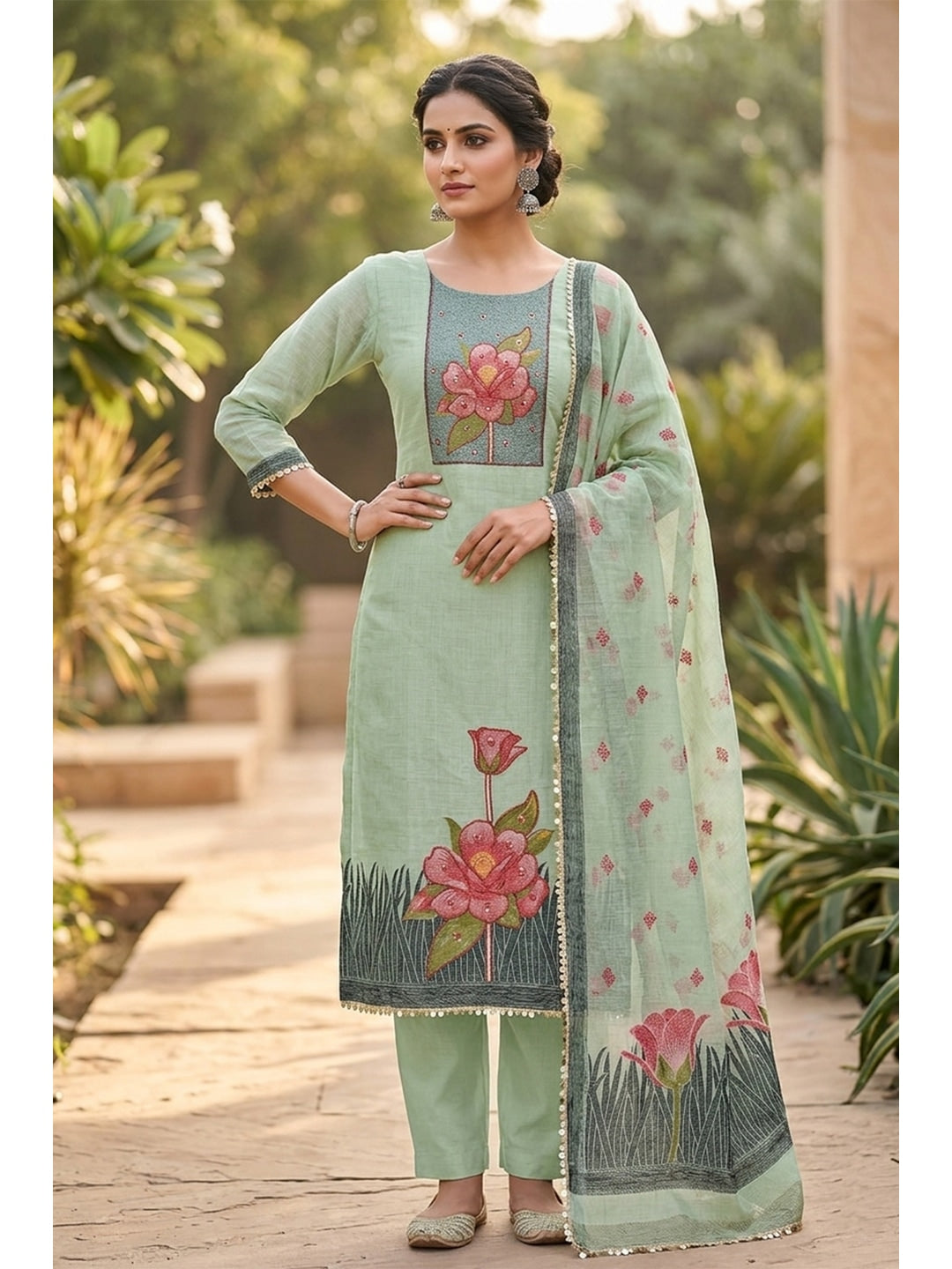 Peachmode Sea Green Pure Banarasi Cotton Dress Material with Embroidered Dupatta - Image 2