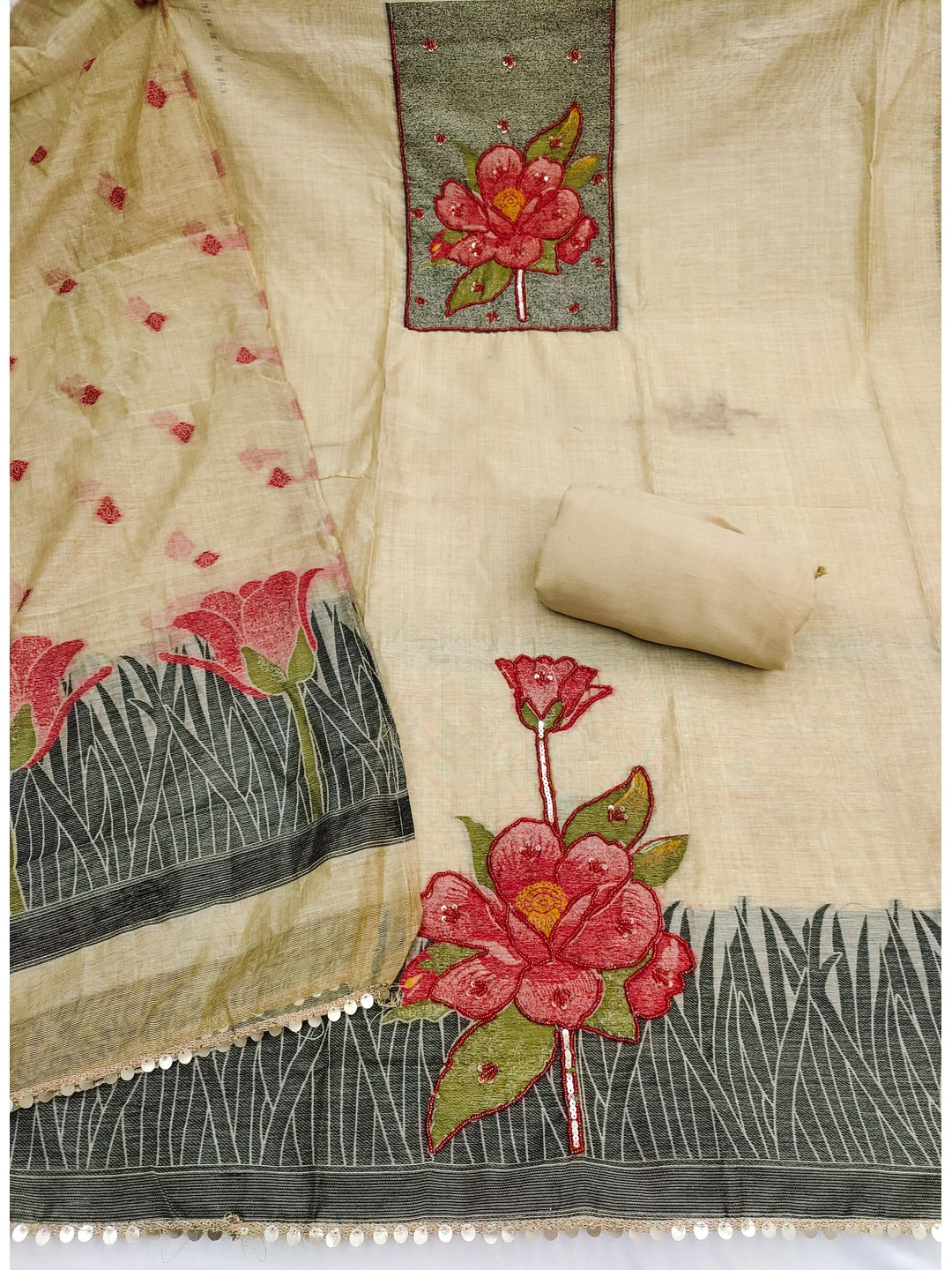 Peachmode Cream Pure Banarasi Cotton Dress Material with Embroidered Dupatta - Image 3