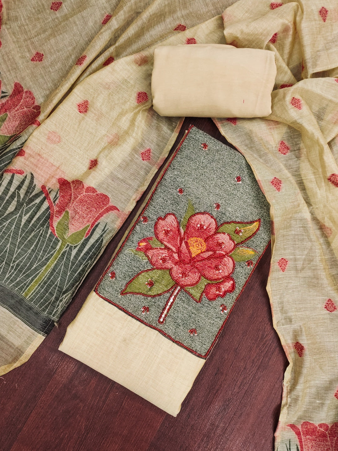 Peachmode Cream Pure Banarasi Cotton Dress Material with Embroidered Dupatta - Image 1
