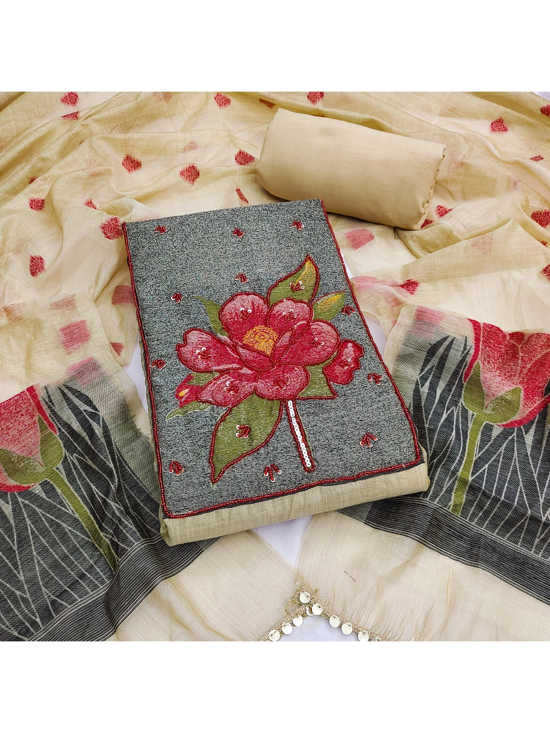Peachmode Cream Pure Banarasi Cotton Dress Material with Embroidered Dupatta - Image 4