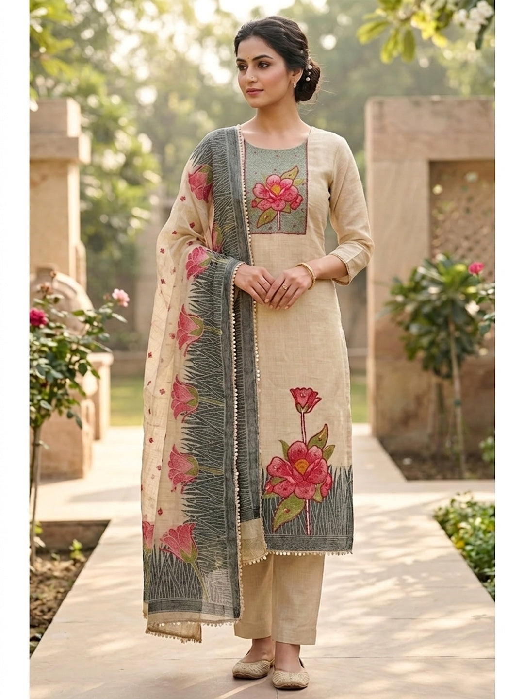 Peachmode Cream Pure Banarasi Cotton Dress Material with Embroidered Dupatta - Image 6