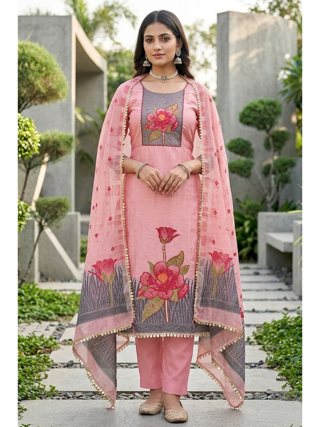 Peachmode Pink Pure Banarasi Cotton Dress Material with Embroidered Dupatta - Image 6