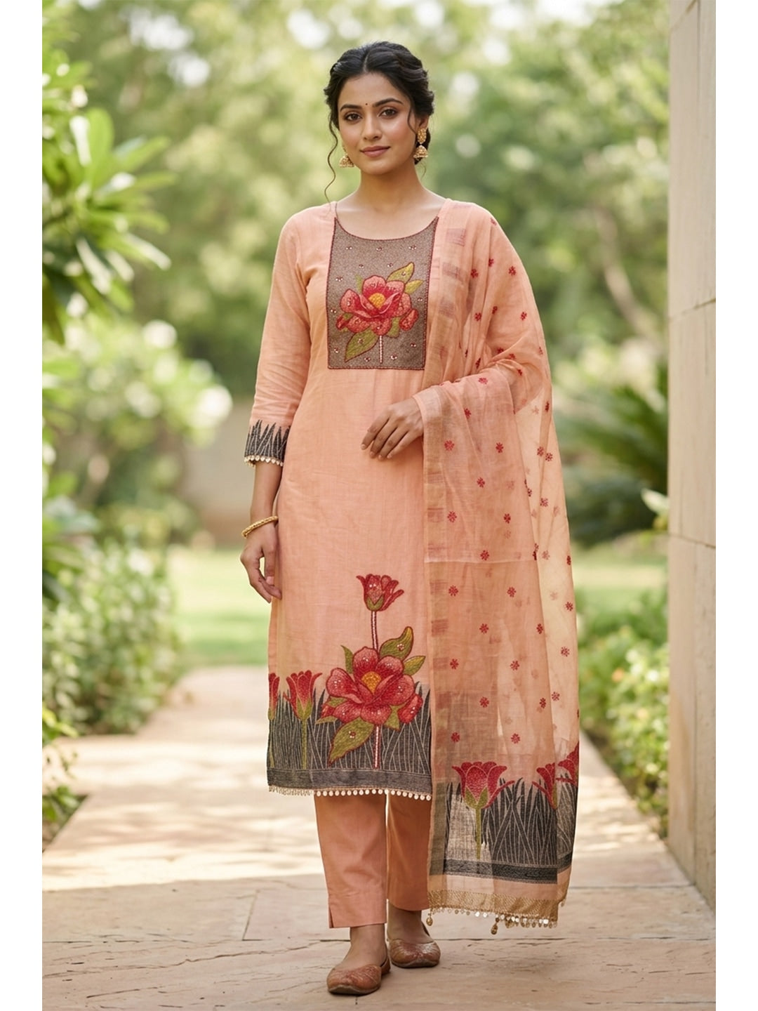 Peachmode Peach Pure Banarasi Cotton Dress Material with Embroidered Dupatta - Image 2