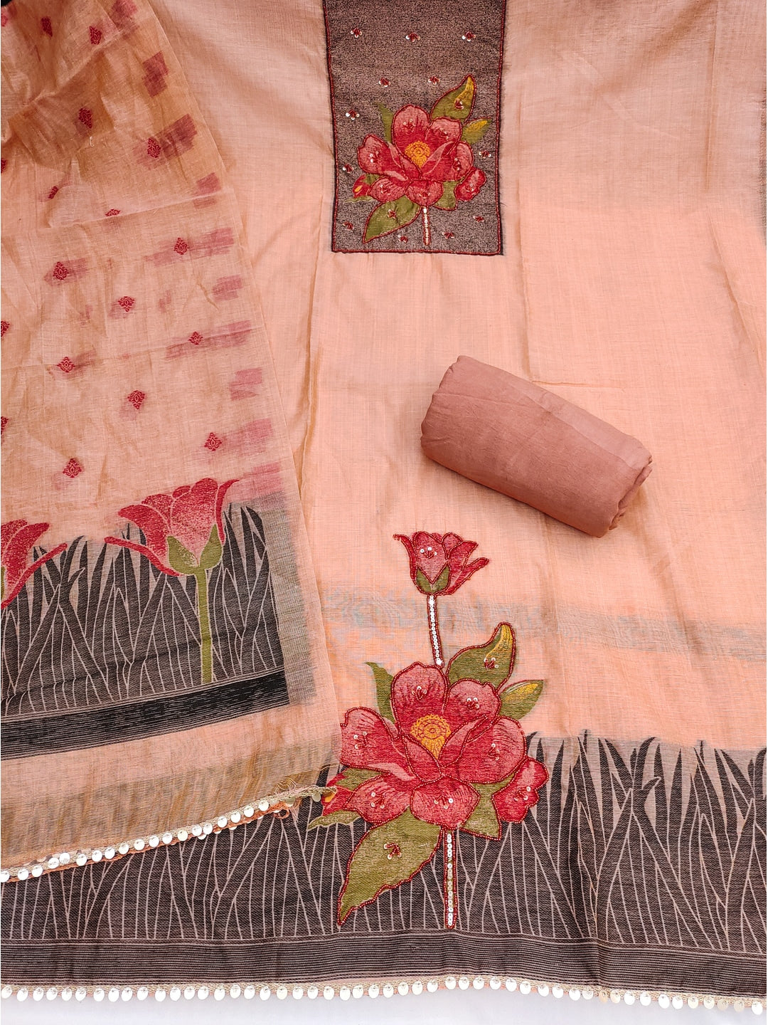 Peachmode Peach Pure Banarasi Cotton Dress Material with Embroidered Dupatta - Image 4