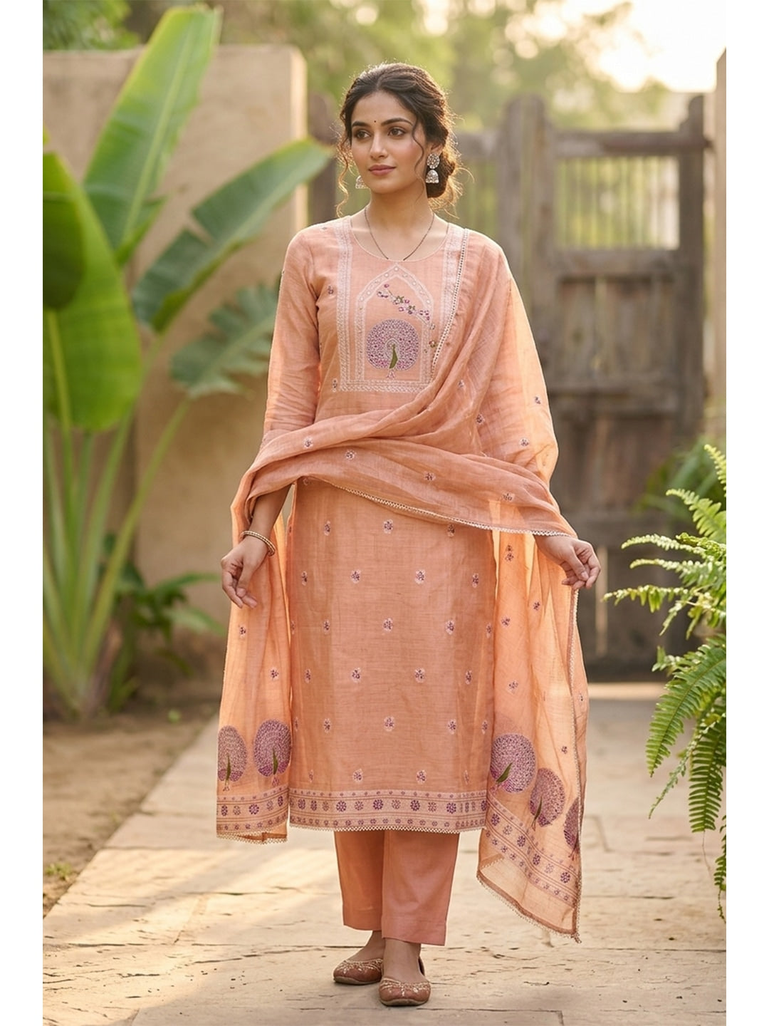 Peachmode Peach Pure Banarasi Cotton Dress Material with Embroidered Dupatta - Image 2