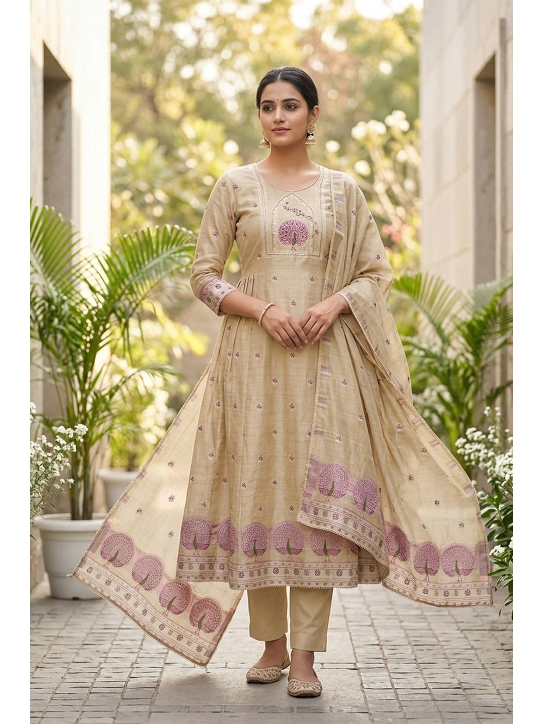 Peachmode Cream Pure Banarasi Cotton Dress Material with Embroidered Dupatta - Image 2