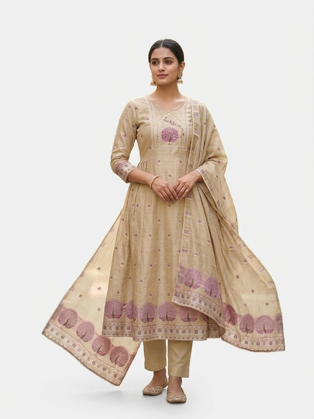 Peachmode Cream Pure Banarasi Cotton Dress Material with Embroidered Dupatta - Image 5