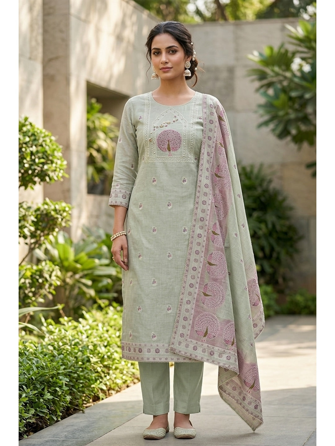 Peachmode Sea Green Pure Banarasi Cotton Dress Material with Embroidered Dupatta - Image 2