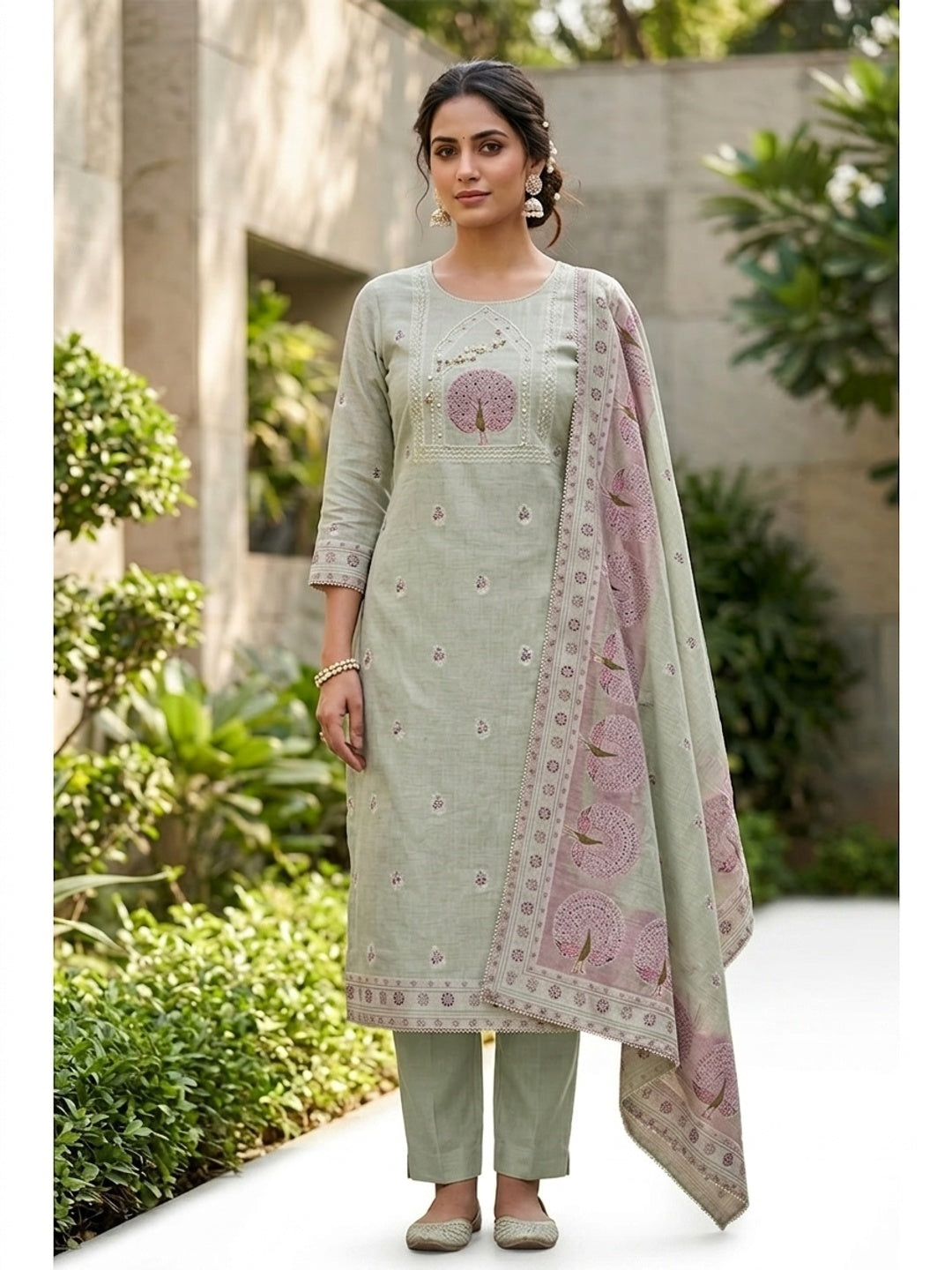 Peachmode Sea Green Pure Banarasi Cotton Dress Material with Embroidered Dupatta - Image 5