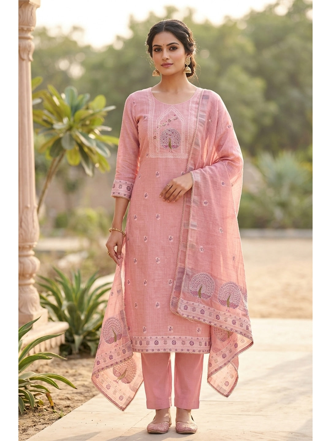 Peachmode Pink Pure Banarasi Cotton Dress Material with Embroidered Dupatta - Image 2