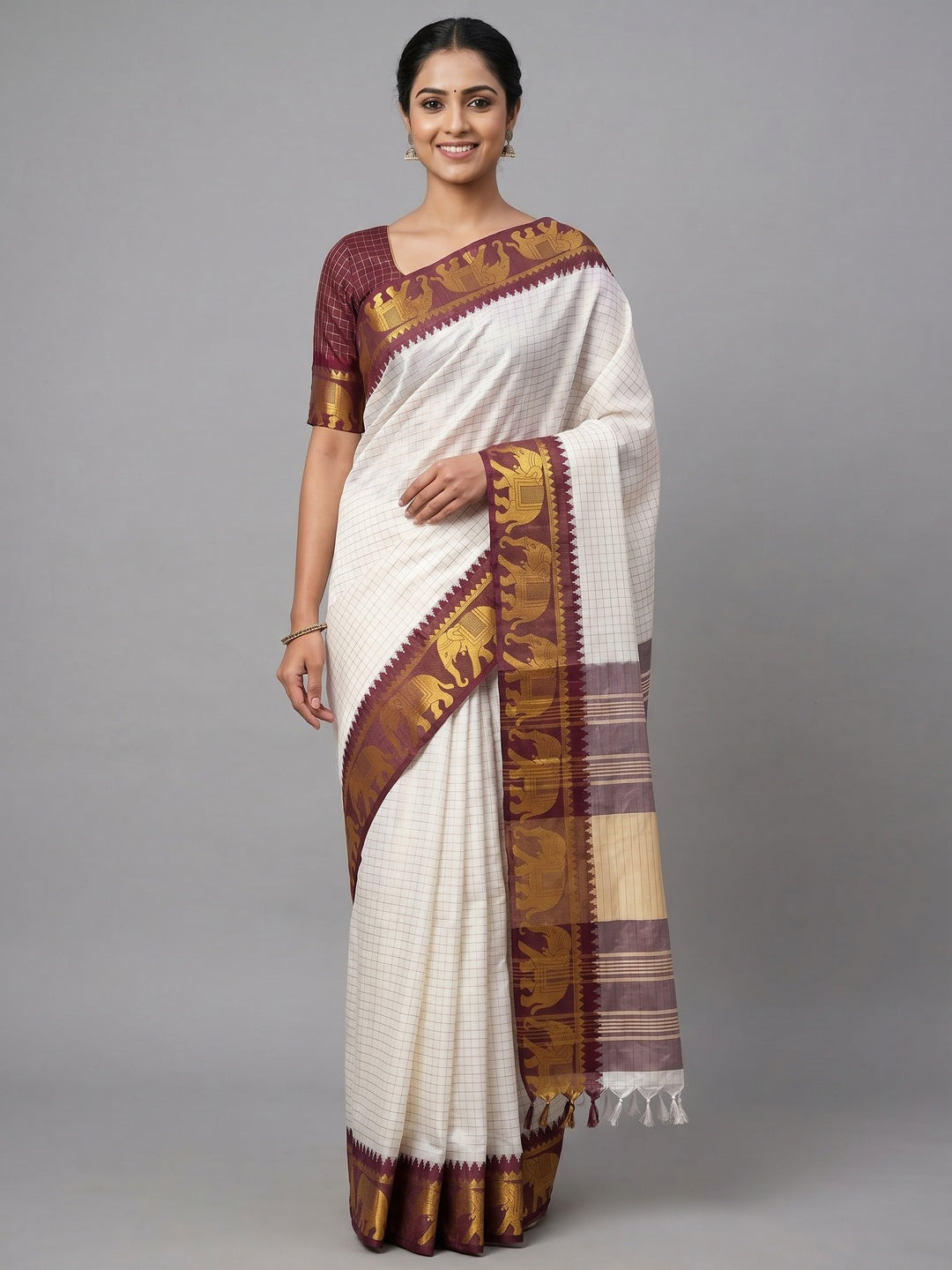 White & Maroon Woven Cotton Silk Saree With Tassels - Image 4