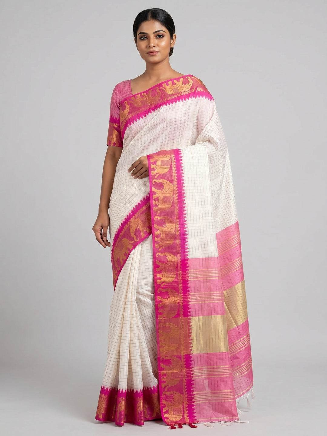 White & Rani Pink Woven Cotton Silk Saree With Tassels - Image 3