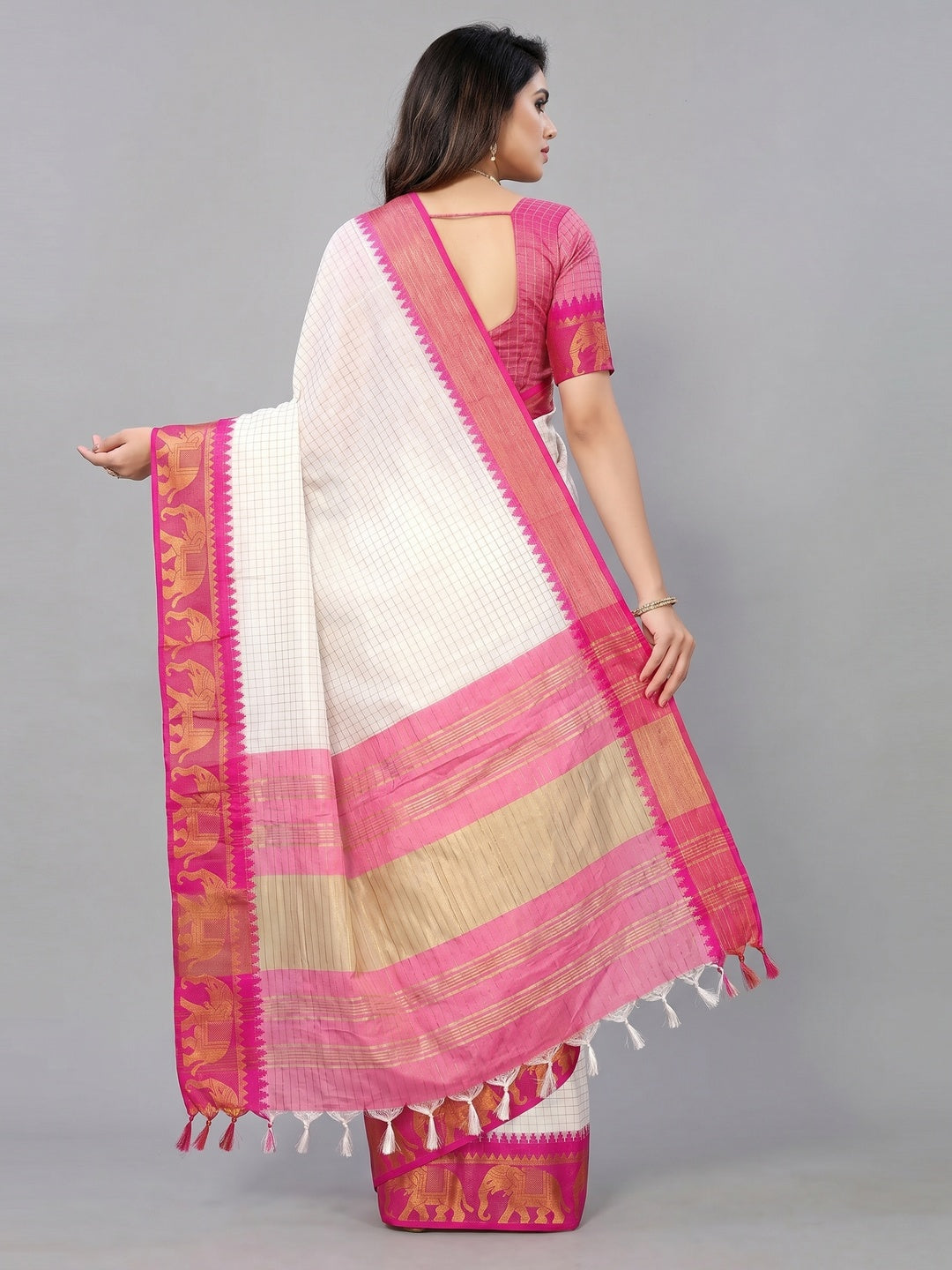 White & Rani Pink Woven Cotton Silk Saree With Tassels - Image 2