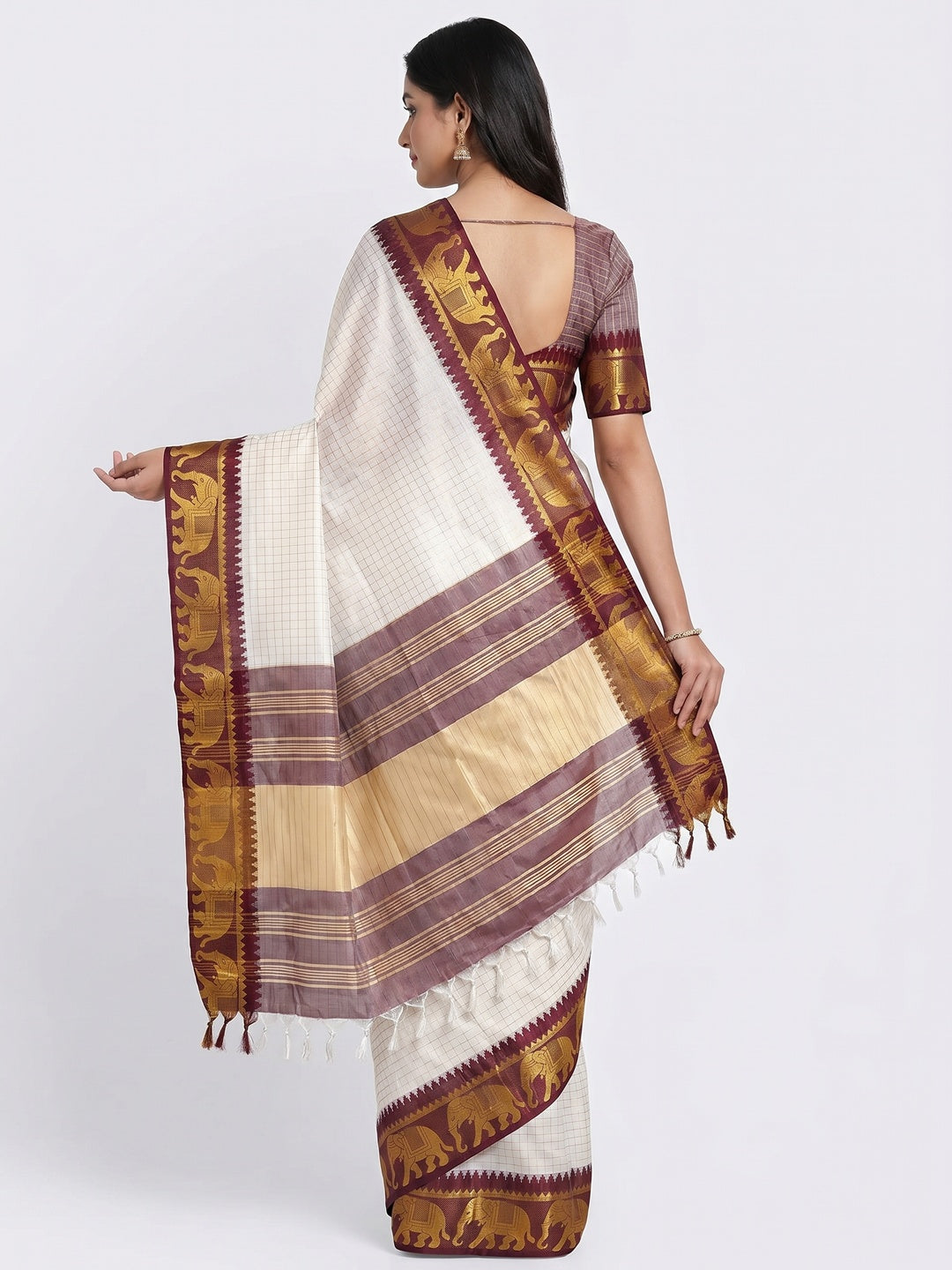 White & Maroon Woven Cotton Silk Saree With Tassels - Image 2