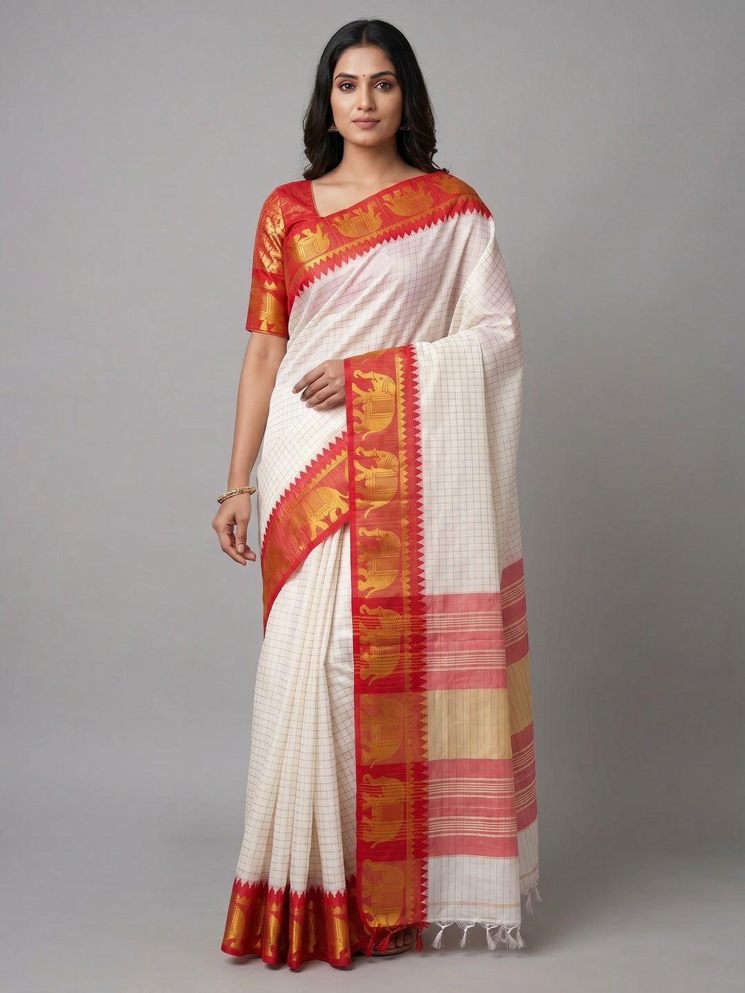 White & Red Woven Cotton Silk Saree With Tassels - Image 3
