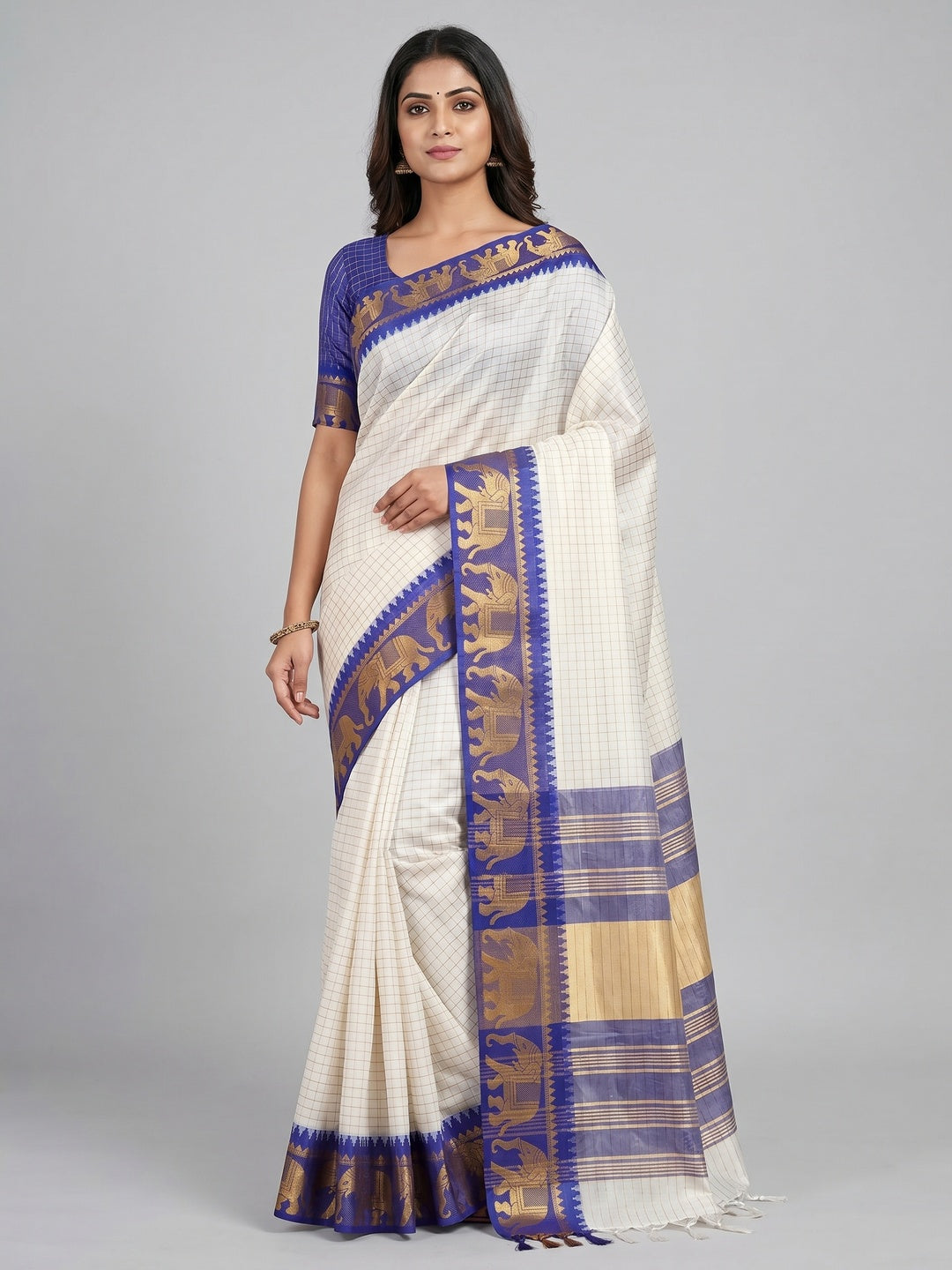 White & Rama Blue Woven Cotton Silk Saree With Tassels - Image 4