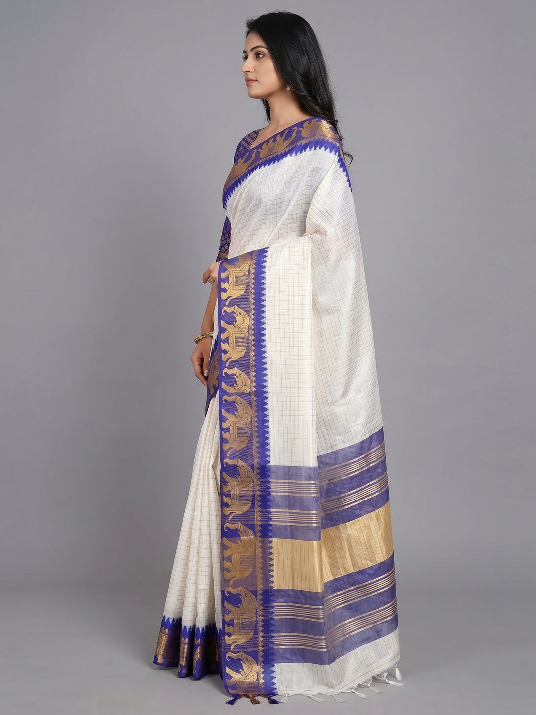 White & Rama Blue Woven Cotton Silk Saree With Tassels - Image 3