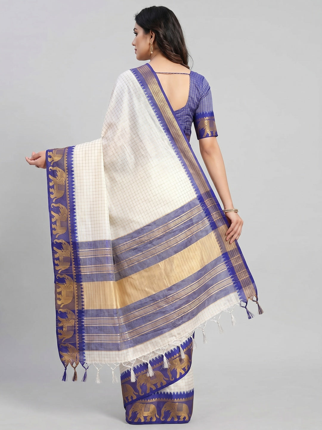 White & Rama Blue Woven Cotton Silk Saree With Tassels - Image 2