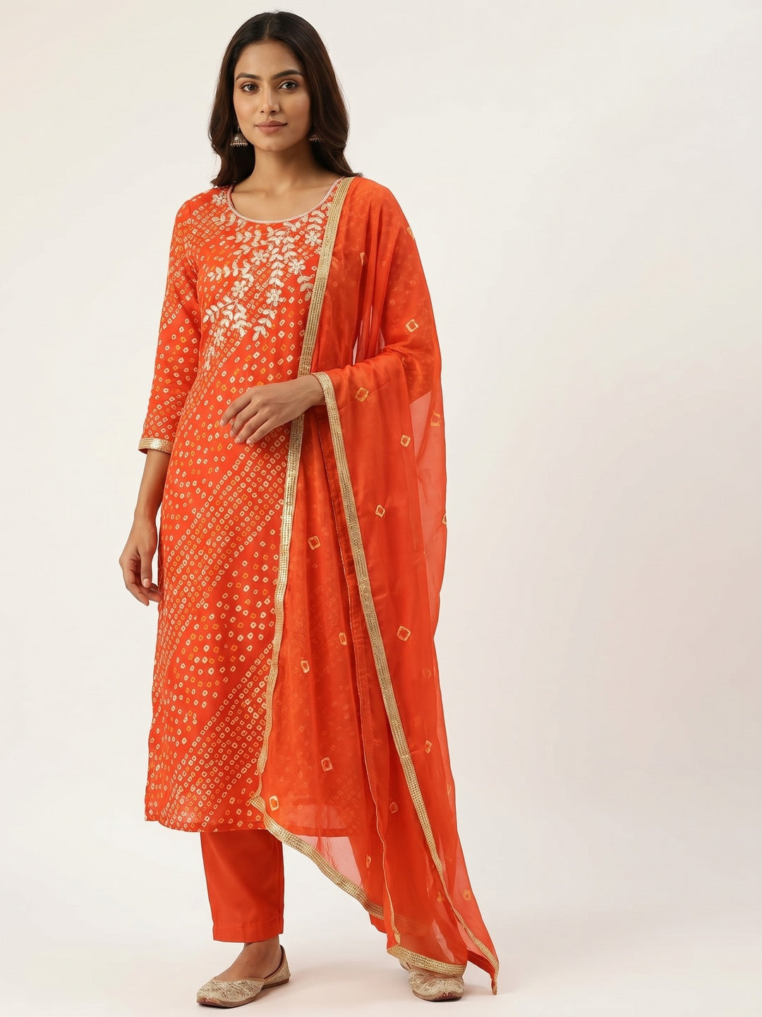 Orange Bandhani Printed With Handwork Pure Cotton Dress Material - Image 1