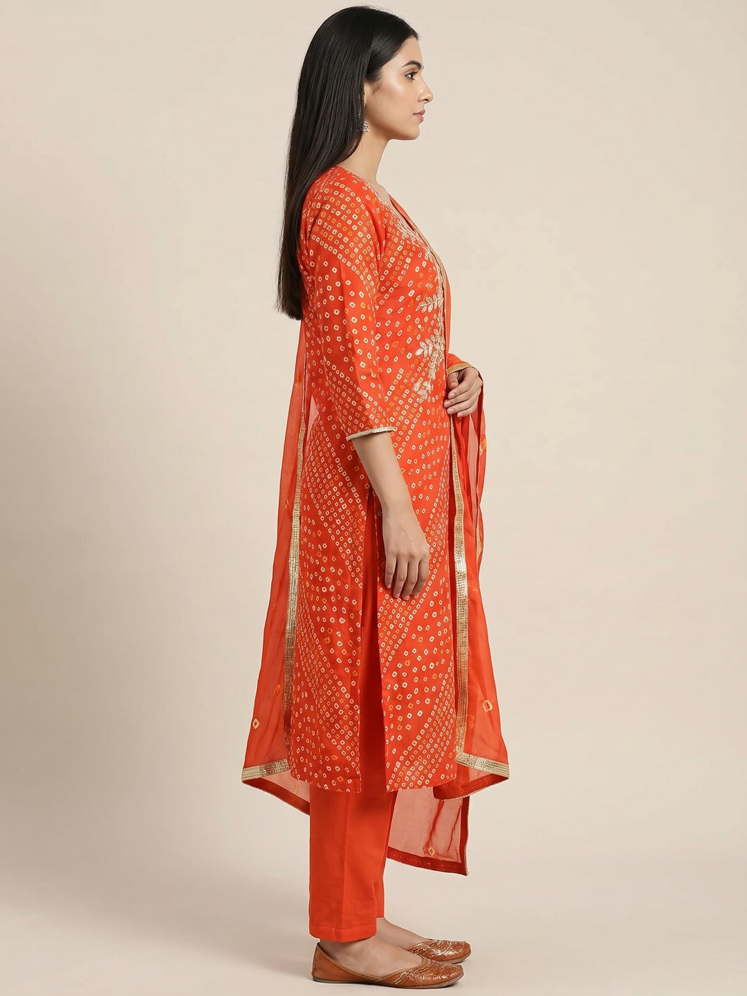 Orange Bandhani Printed With Handwork Pure Cotton Dress Material - Image 3