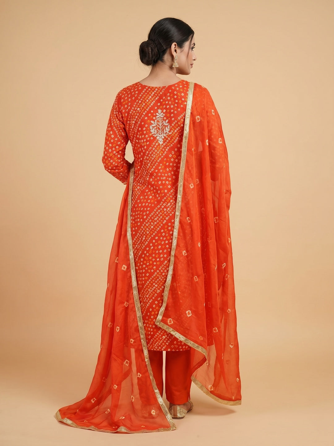 Orange Bandhani Printed With Handwork Pure Cotton Dress Material - Image 2