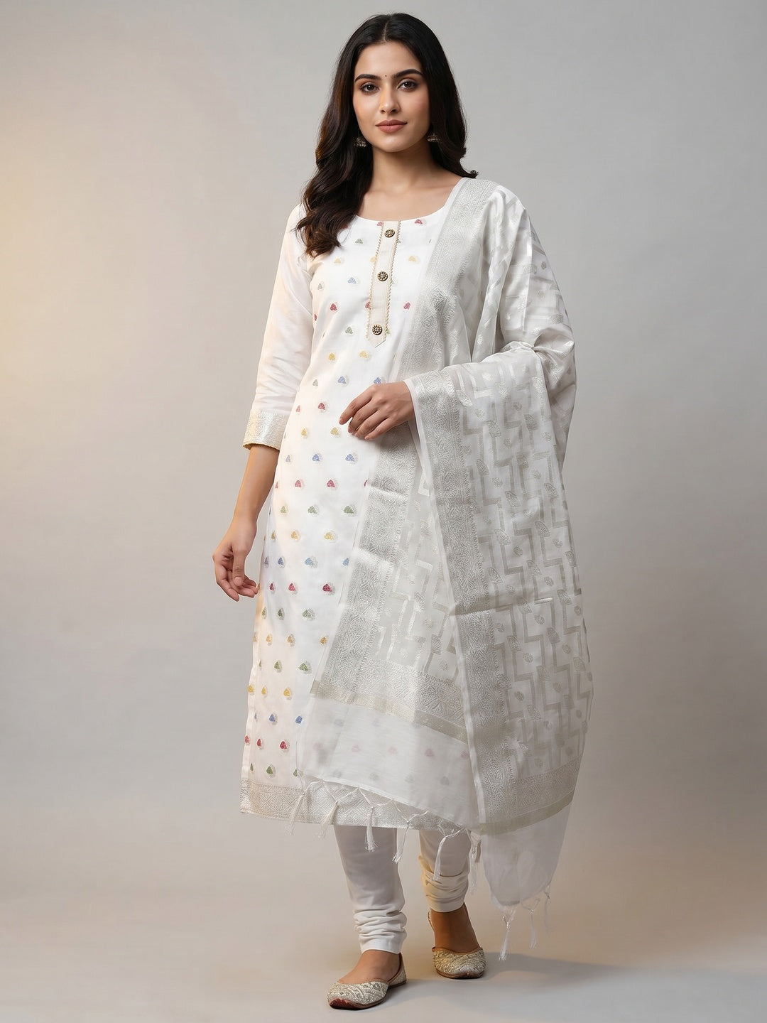 White Woven Banarasi Silk Dress Material - Image 1