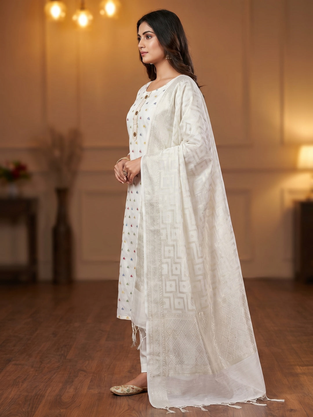 White Woven Banarasi Silk Dress Material - Image 3