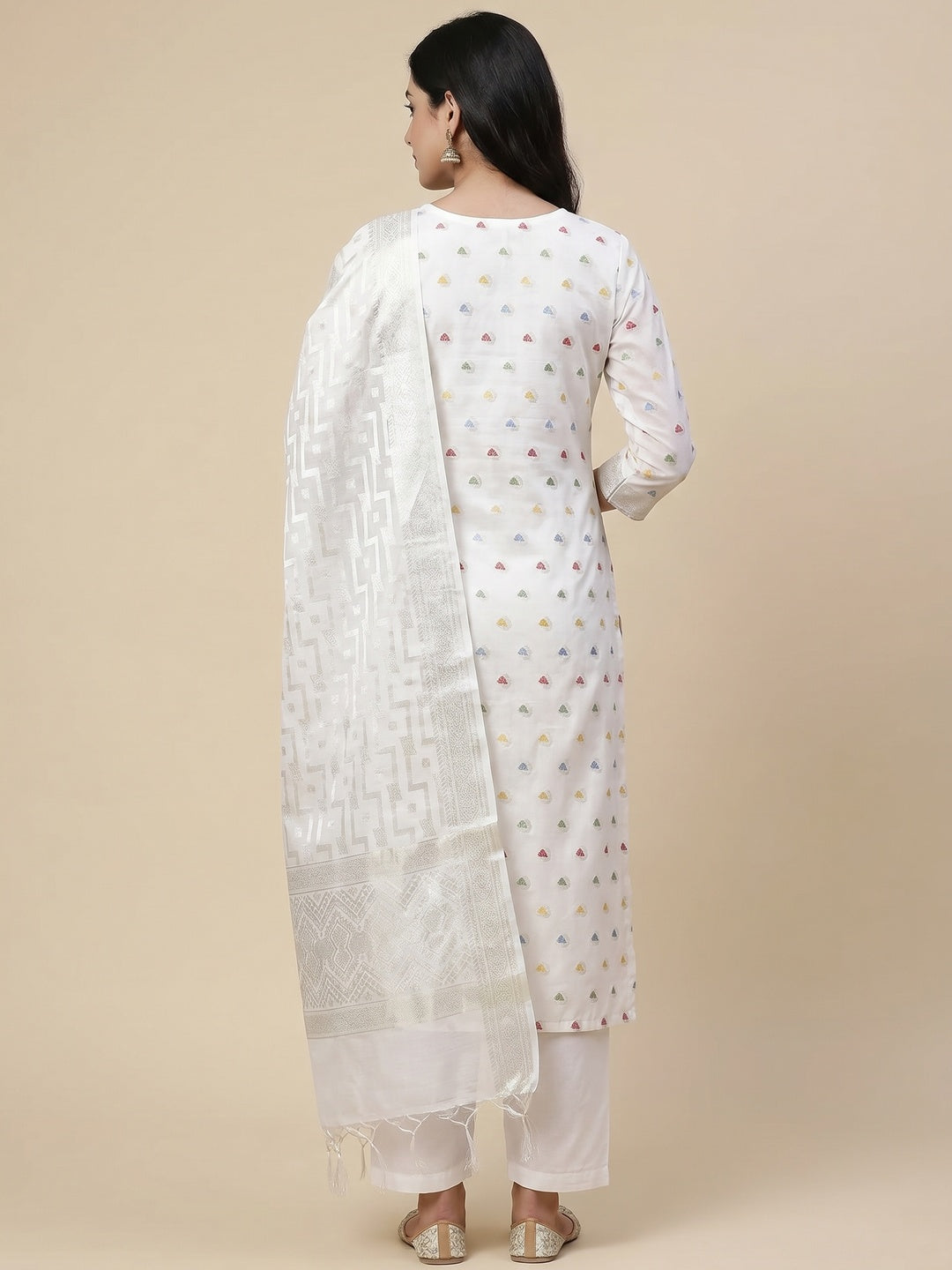 White Woven Banarasi Silk Dress Material - Image 2
