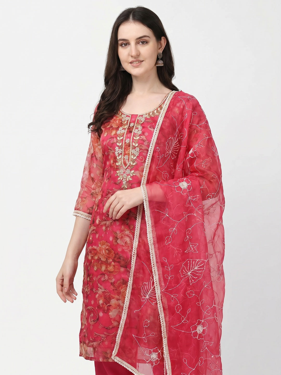 Pink Floral Digital Printed With Moti Work Organza Dress Material - Image 1