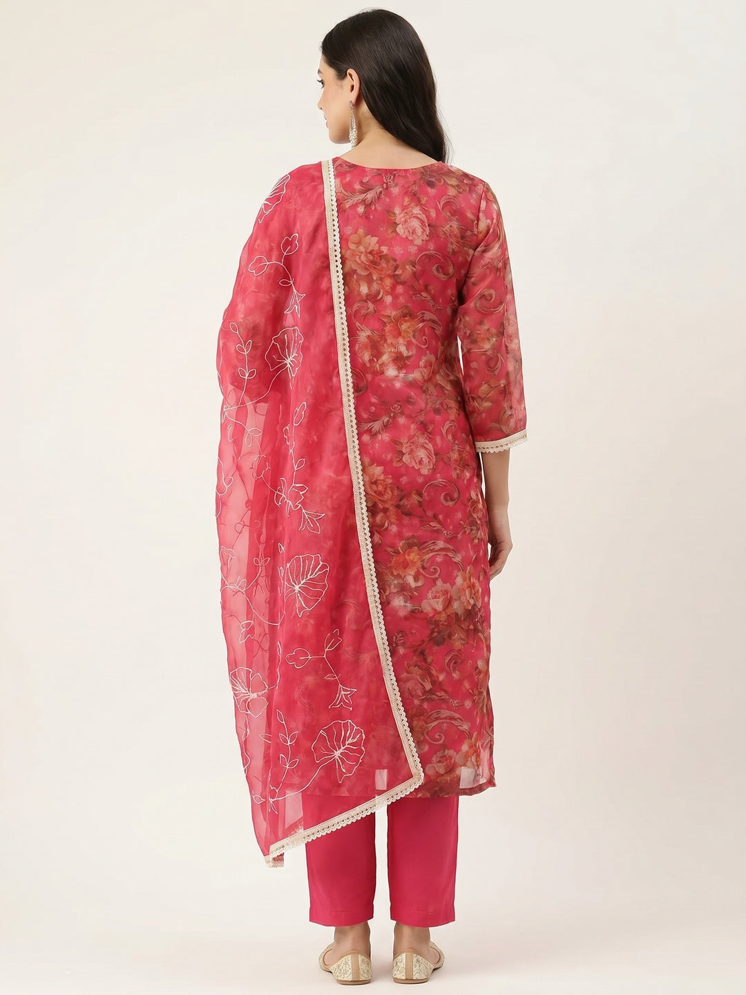 Pink Floral Digital Printed With Moti Work Organza Dress Material - Image 2