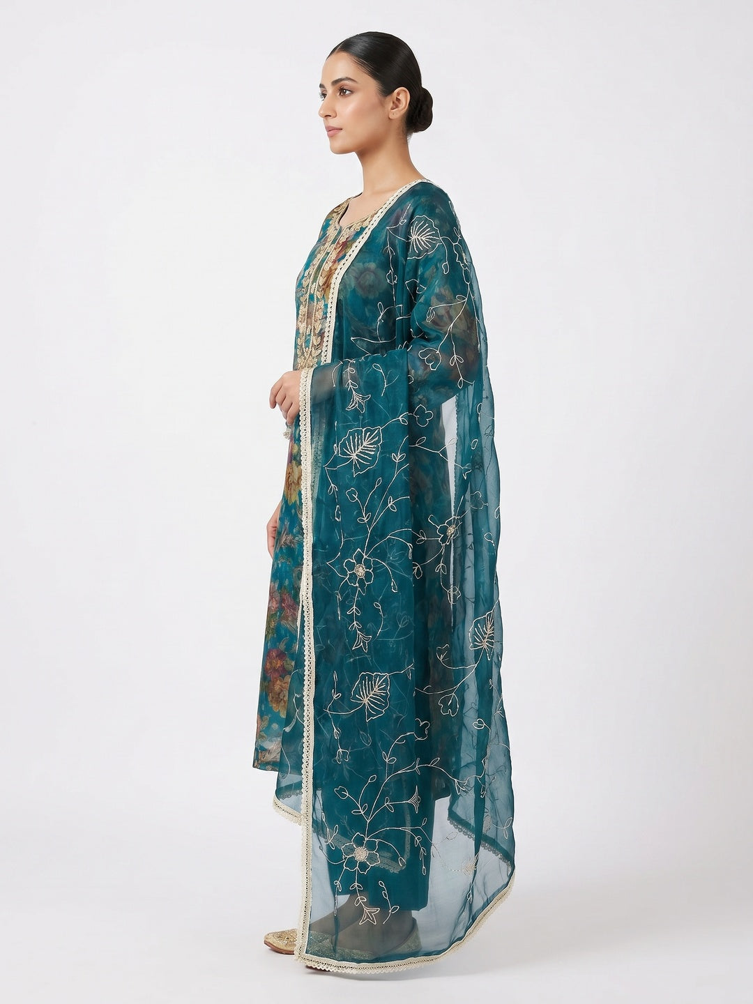 Morpich Floral Digital Printed With Moti Work Organza Dress Material - Image 2