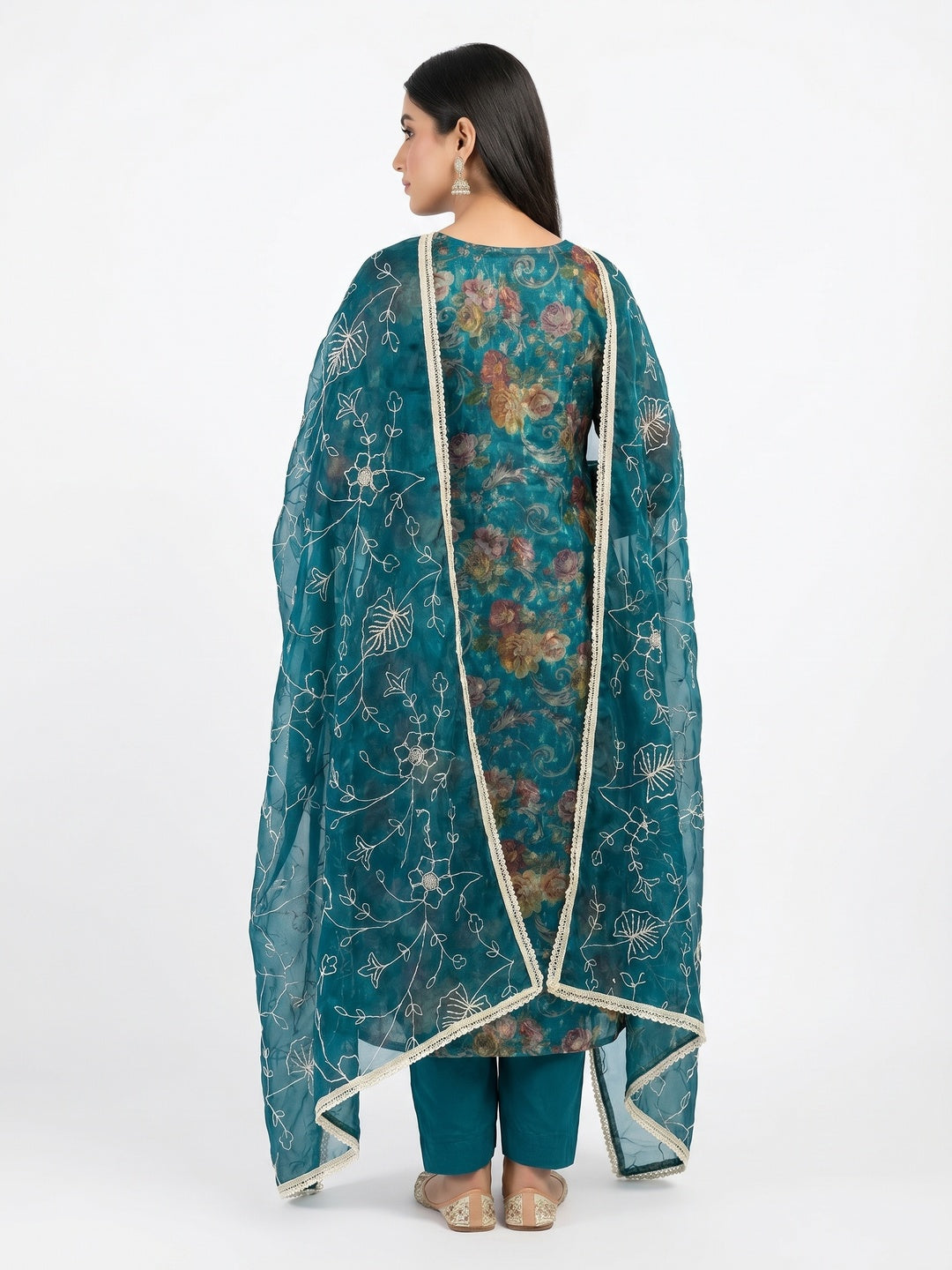 Morpich Floral Digital Printed With Moti Work Organza Dress Material - Image 3