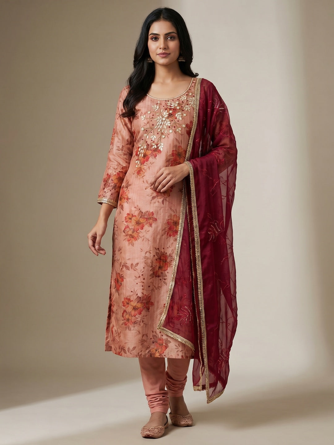 Peach & Wine Floral Digital Printed With Handwork Chanderi Silk Dress Material - Image 1