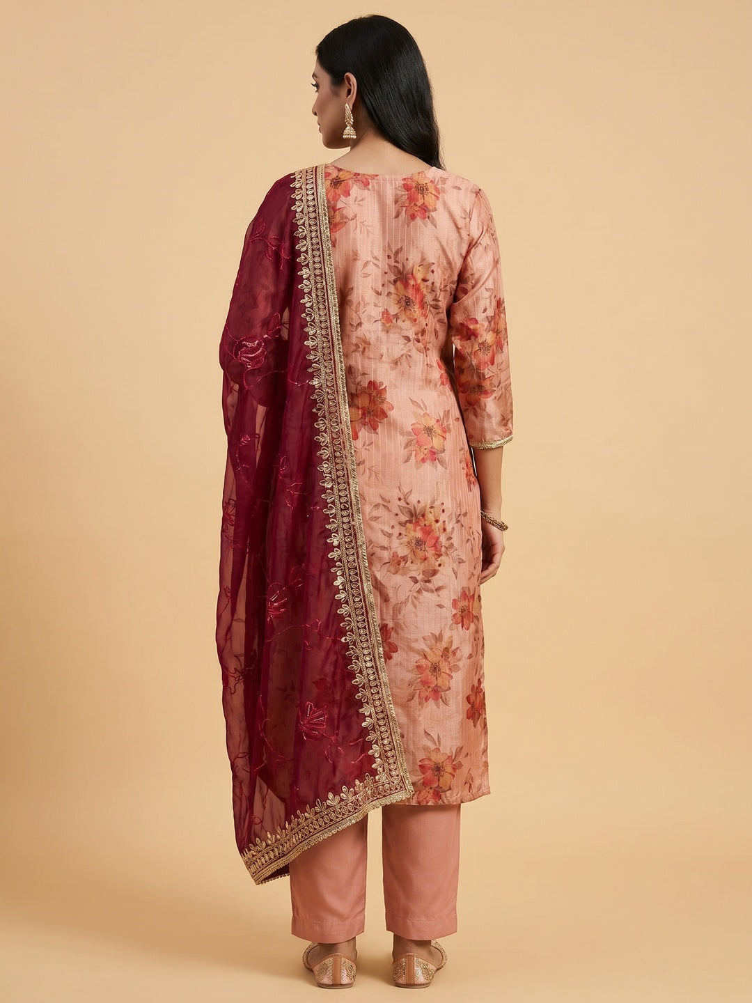 Peach & Wine Floral Digital Printed With Handwork Chanderi Silk Dress Material - Image 3