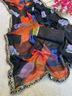 Peachmode Black Georgette Saree with Multicolor Leaf Motifs - Image 2