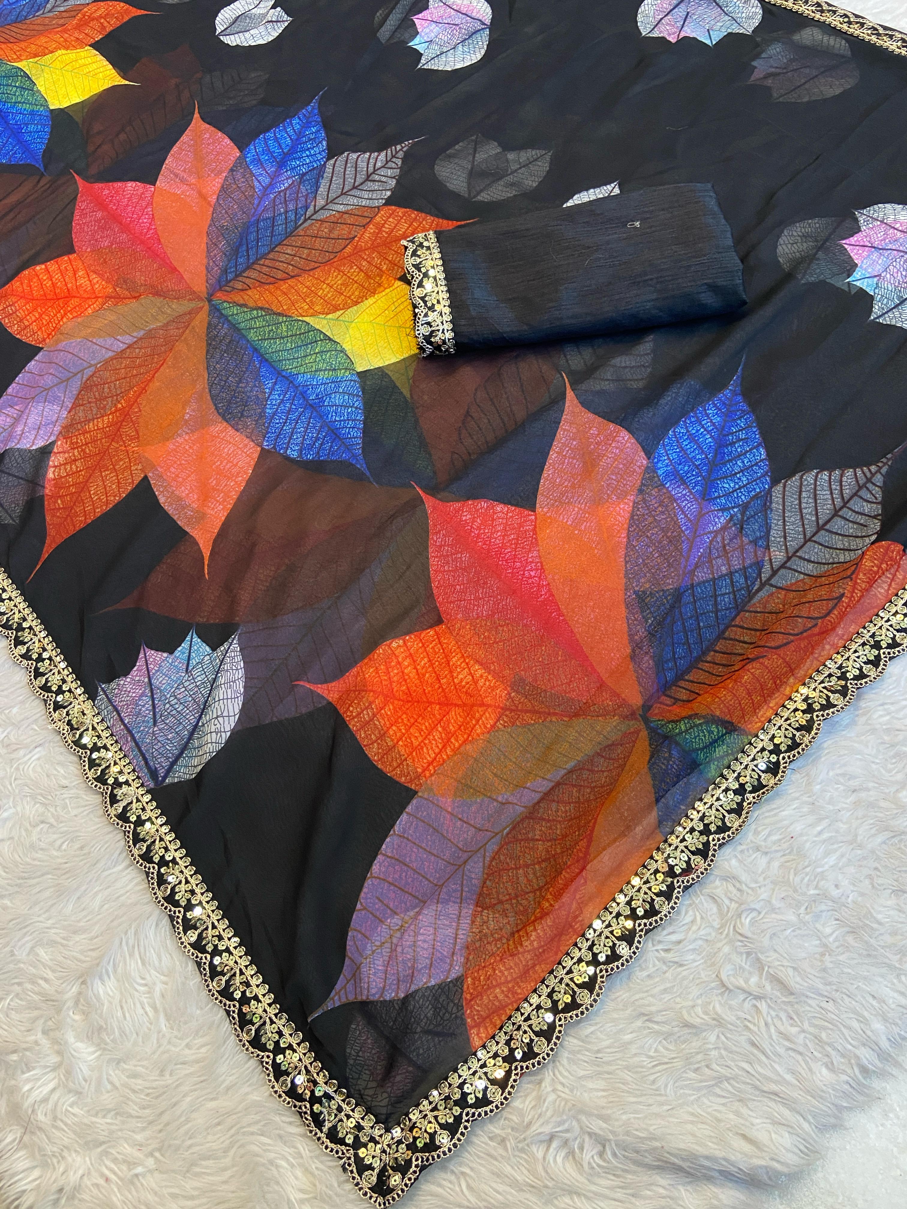 Peachmode Black Georgette Saree with Multicolor Leaf Motifs - Image 3