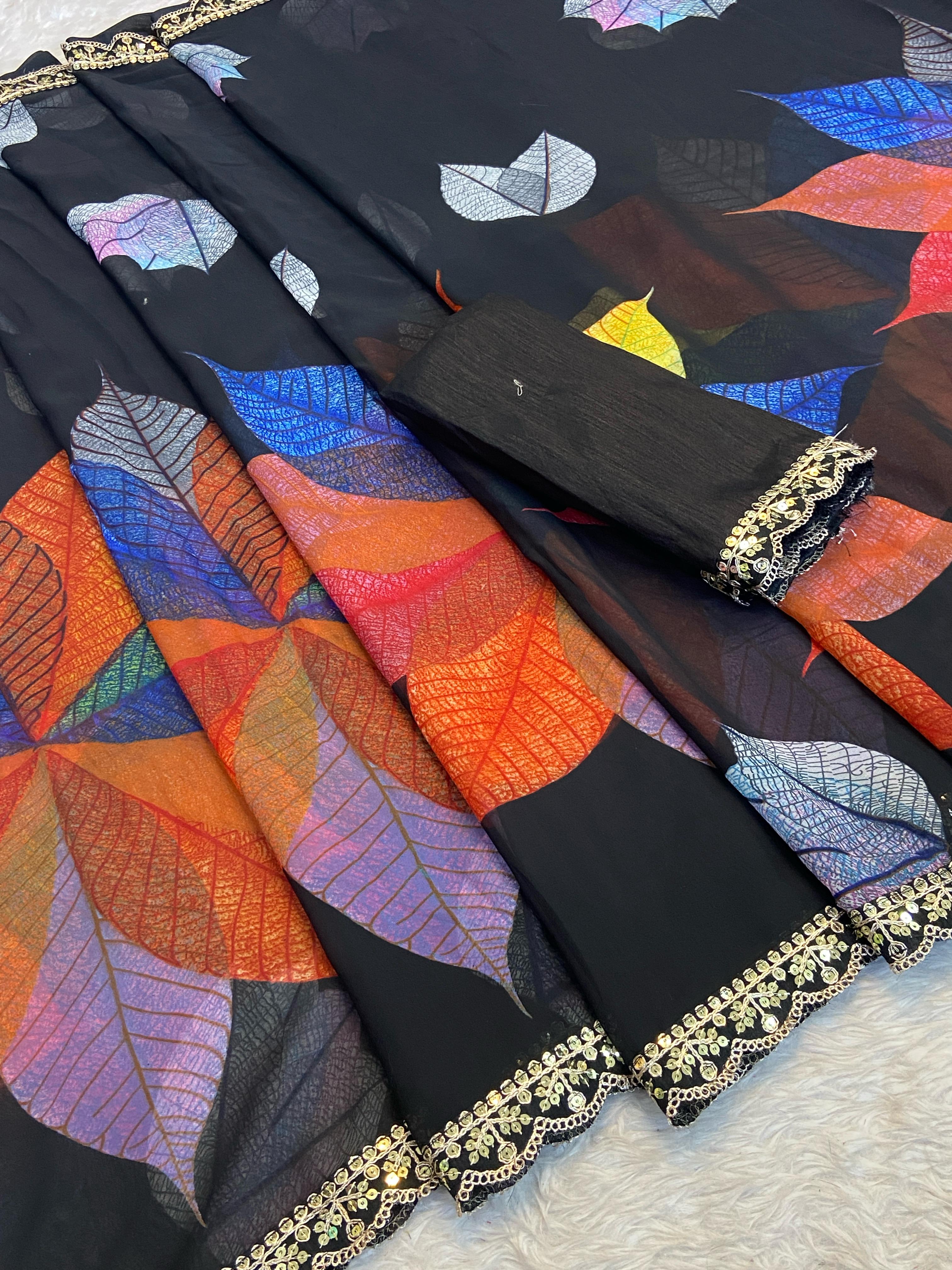 Peachmode Black Georgette Saree with Multicolor Leaf Motifs - Image 4