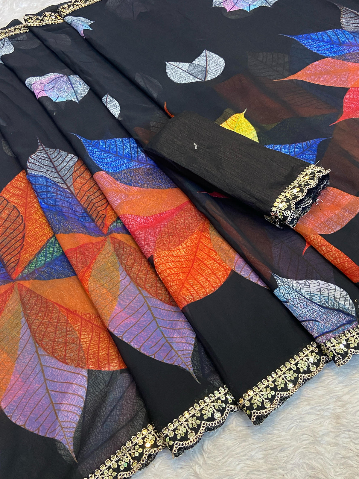 Peachmode Black Georgette Saree with Multicolor Leaf Motifs - Image 4